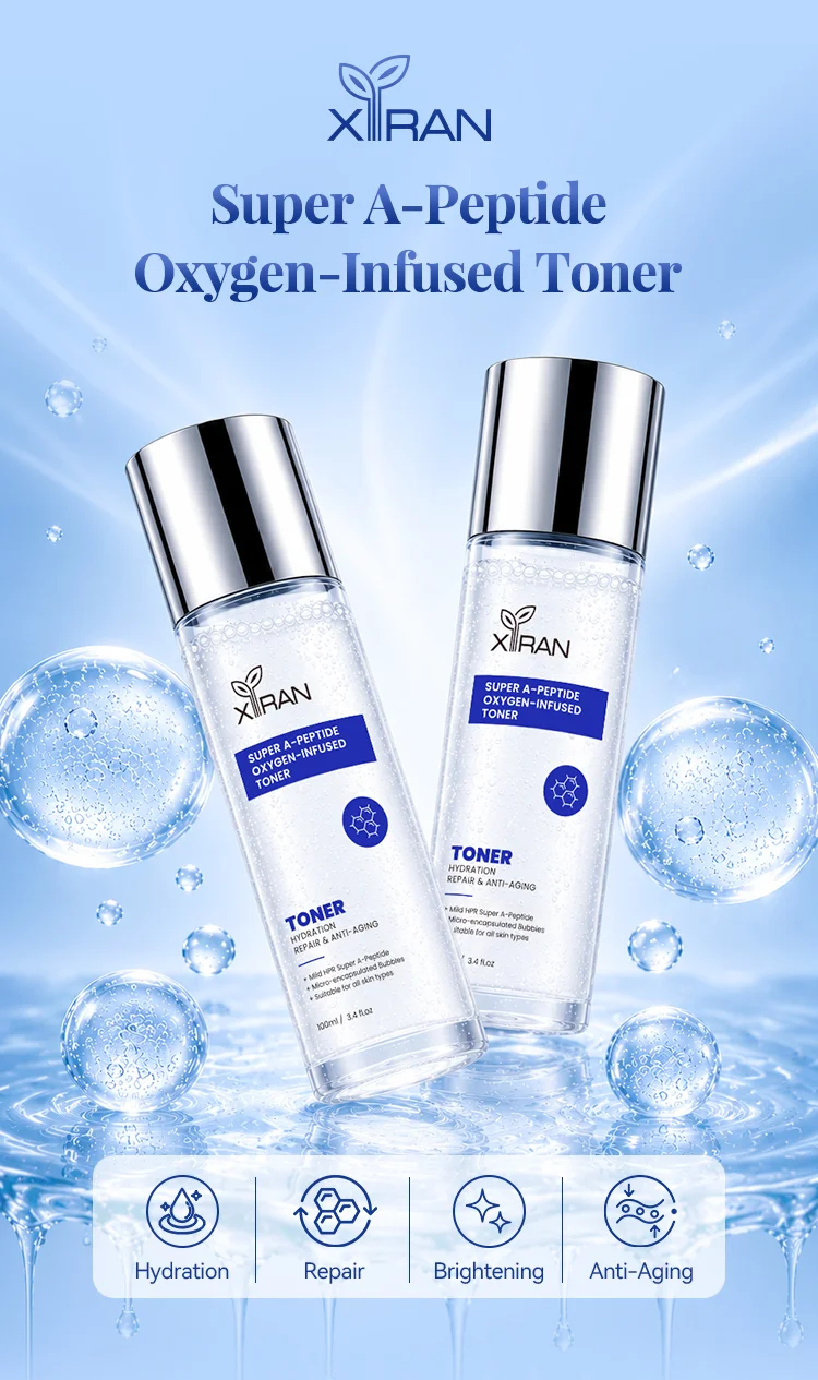 Two bottles of XIRAN Super A-Peptide oxygen-infused toner with sleek silver caps, placed on a watery background with floating bubbles, highlighting hydration, repair, brightening, and anti-aging properties.